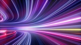 Fototapeta Do przedpokoju - 3d render, abstract neon background, space tunnel turning to left, ultra violet rays, glowing lines, virtual reality jump, speed of light, space and time strings, highway night lights