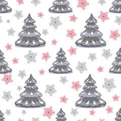 Stylized gray Christmas trees under snow and snowflakes on a Christmas seamless pattern. Perfect background for Christmas packaging, website and baby fabrics