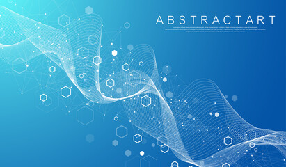 Poster - Technology abstract lines and dots connect background with hexagons. Hexagon grid. Hexagons connection digital data and big data concept. Hex digital data visualization. Vector illustration.