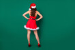 Full length rear behind view photo of charming lady not speak to santa grandpa naughty disobedient girlish ignore mood wear x-mas snow girl costume isolated green color background