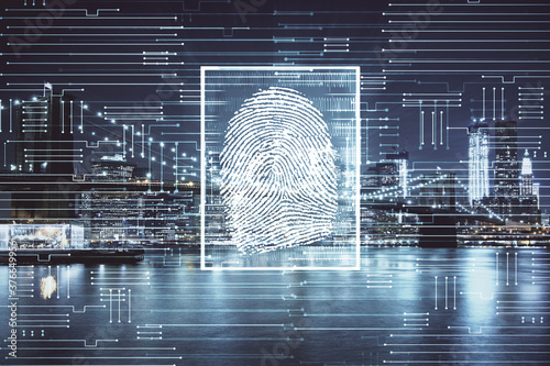Fotomural Double exposure of finger print hologram and cityscape background