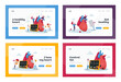 © Anna Syvak - Cardiology Landing Page Template Set. Tiny Doctor Characters with Drugs and Equipment at Huge Human Heart Measure Pulse