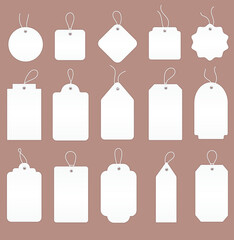Fototapete - large set of 15 blank white price tags or labels in assorted shapes with strings, colored vector ill