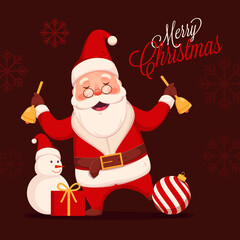 Sticker - Cheerful Santa Claus Holding Jingle Bells with Snowman, Bauble and Gift Box on Burgundy Brown Snowflake Background for Merry Christmas Celebration.