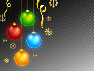 Sticker - Glossy Christmas Balls Hang with Golden Snowflakes and Ribbon on Black Png Background.