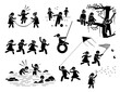 © leremy - Healthy lifestyle of active children playing outside stick figures icons. Vector illustrations of kids climbing tree, running, catching butterfly, splashing water, playing kite, football, and bubbles.