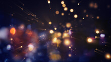 Festive Abstract Christmas Texture, Golden Bokeh Particles And Highlights On Dark Background