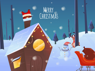 Poster - Snowy Landscape Background with Santa Claus Stuck on Chimney House, Sleigh, Cartoon Snowman and Reindeer for Merry Christmas Celebration.