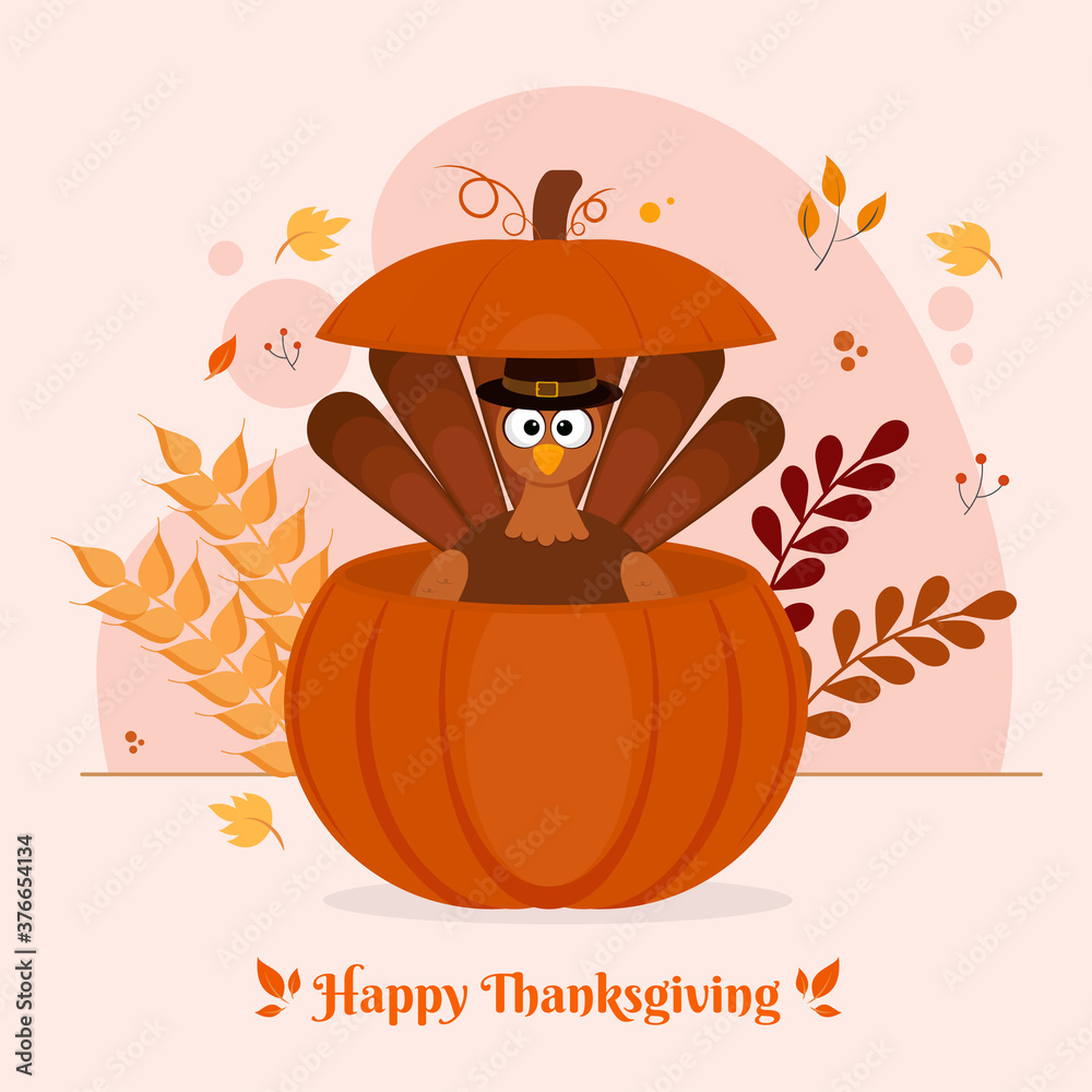 Cartoon Turkey Bird Wearing Pilgrim Hat Inside Pumpkin with Leaves and ...
