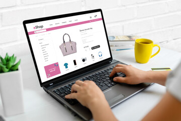 Wall Mural - Shopping online through the ecommerce website concept. Woman use a laptop to find a bag. Close-up