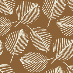 Mono print style scattered leaves seamless vector pattern background. Simple lino cut effect skeleton leaf foliage on caramel brown backdrop. At home hand crafted design concept. Repeat for packaging