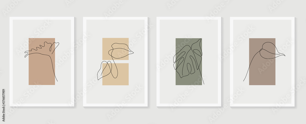 Botanical wall art vector set. Foliage line art drawing with  abstract shape.  Abstract Plant Art design for print, cover, wallpaper, Minimal and  natural wall art. Vector illustration. - obrazy, fototapety, plakaty 