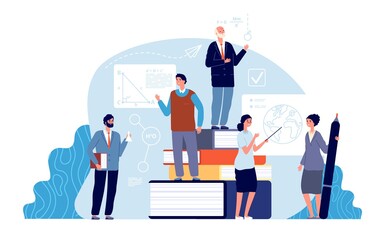 Teachers concept. Academics, school education world. Tiny professors of college. Mathematics geography chemistry teacher vector illustration. School study teacher, university and college