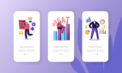 Wall Mural - Business Mobile App Page Onboard Screen Template. Tiny People with Huge Office Stationery, Calculator, Working Process