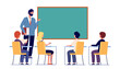 © MicroOne - Children study with teacher. School inclusion study, kids discuss in classroom. Girl boy sitting and learning, education vector illustration. Teacher education at lesson in classroom