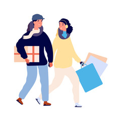 Poster - Christmas shopping. Happy couple buy holiday gifts. Isolated flat woman man with bags and present box, family walking from mall vector illustration. Couple christmas with pack gift to holiday