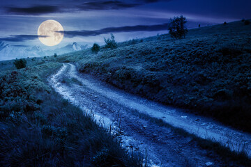 mountain road through grassy meadow at night. wonderful summer adventure in full moon light. clouds 