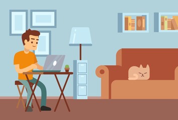 Sticker - Remote work. Freelance, distance learning. Young man sitting at desk with laptop. Student or manager working in living room with sleeping cat on sofa vector illustration. Distance freelance online