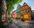 Schnoor - picturesque historic district with cobblestone streets and small colorful houses in Bremen, Germany (HDR-image)