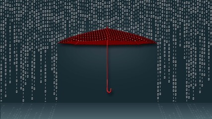 Data transfer as hanging rows of the binary code in matrix style over a protecting red umbrella - dark background with reflections on the floor - 3D illustration