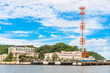 © kuremo - yokosuka, japan - july 19 2020: Signal tower on the pier of the Japan Maritime Self-Defense Force or JMSDF Self Defense Fleet in the Yokosuka Naval Port.