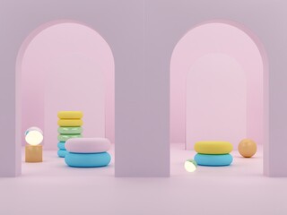 Aufkleber - Pink  shapes on a pink abstract background. Minimal box and geometric curved podium. Scene with geometrical forms. Empty showcase for cosmetic product presentation. Fashion magazine. 3d render