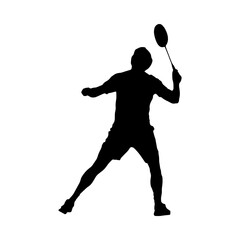 Wall Mural - Badminton. Silhouette of a man preparing for an overhead forehand shot. Vector illustration.