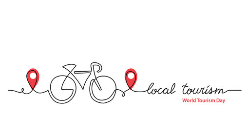 Sticker - Local tourism simple web banner ,background, poster with pinpoint icon and bicycle. Vector minimalist background. One continuous line drawing with lettering local tourism.