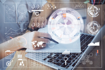 multi exposure of woman's hands on background with technology and digital coding icons. data develop