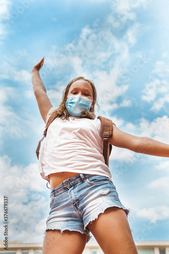 Happy Teen Girl Jumping With Protective Face Mask Happy To Go Back To School After Coronavirus Pandemic Covid 19 Foto De Stock Adobe Stock Happy Teen Girl Jumping With Protective Face Mask Happy To Go Back To School After Coronavirus Pandemic Covid 19 Foto De Stock Adobe Stock