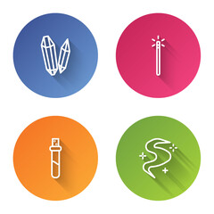 Sticker - Set line Magic stone, wand, Bottle with love potion and fog or smoke. Color circle button. Vector.