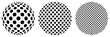 Set of balls of optical illusion. Spheres from different angles. Sphere with circle structure. Vector. Black and white.