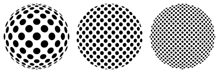 Set of balls of optical illusion. Spheres from different angles. Sphere with circle structure. Vector. Black and white.