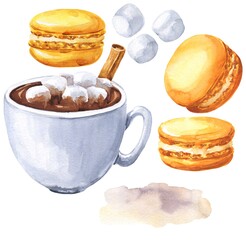 Hot chocolate watercolor illustration with cinnamon, marshmallow and pumpkin spice macaroons isolated on white background. Fall season watercolour food set illustration.