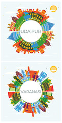 Wall Mural - Varanasi and Udaipur India City Skylines Set with Color Buildings, Blue Sky and Copy Space.