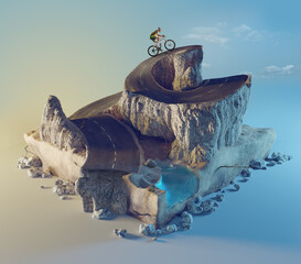 Sports and travel background. 3d illustration with cut of the ground and the desert road and the lake.