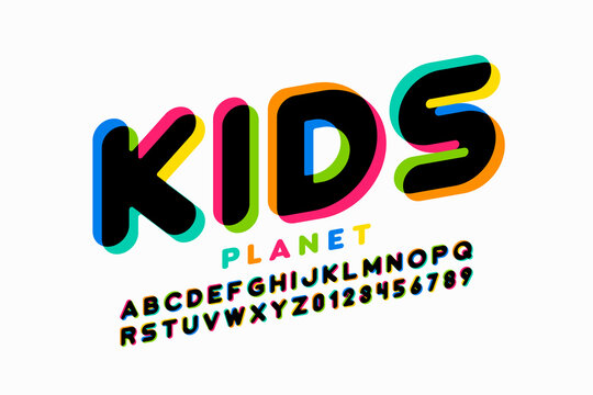 Kids style colorful font, playful alphabet letters and numbers vector illustration