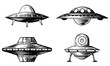 Set of various flying saucers. Hand drawn vector illustrations.