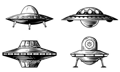 set of various flying saucers. hand drawn vector illustrations.