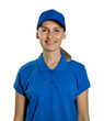 © ronstik - attractive smiling woman in blank blue polo shirt and hat isolated on white background