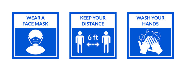 Poster - Square Warning Signs Showing a Basic Set of Measures against the Spread of Coronavirus Covid-19 including Wear a Face Mask, Keep Your Distance 6 ft or 6 Feet and Wash Your Hands. Vector Image.