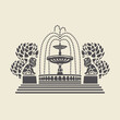 Icon or stencil of a stylized vintage Park fountain with steps, trees and sculptures of lions. Decorative vector illustration isolated on a light background in flat style