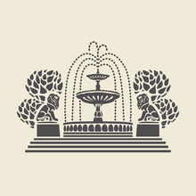 Icon Or Stencil Of A Stylized Vintage Park Fountain With Steps, Trees And Sculptures Of Lions. Decorative Vector Illustration Isolated On A Light Background In Flat Style