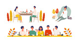 Fototapeta  - Vector illustration of people eating dinner together in the autumn. People enjoy drinking wine.