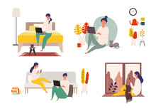 Vector Illustration Of People Checking The Web In The Autumn. Man And Woman Have A Relaxing Day Off.