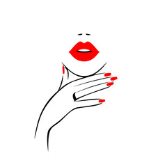 Beautiful sexy red lips, lipstick kiss, hand with red manicure nails, element design, nails studio. Beauty Logo. Vector illustration, flat style. Isolated on white.