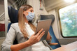Businesswoman commuting by train, working on digital tablet and wearing face mask