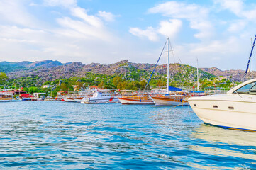 Sticker - The line of tourist leisure boats in small village Kekova, Turkey