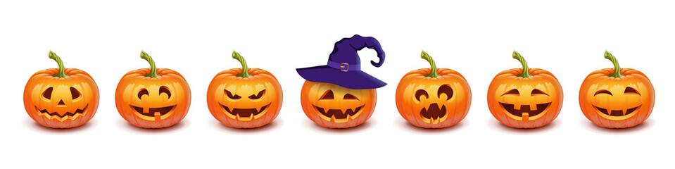 Set pumpkin on white background. The main symbol of the Happy Halloween holiday. Orange pumpkin with smile and witch hat for your design for the holiday Halloween. Vector illustration.