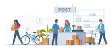 Post delivery office. Postmen, courier and people with boxes and letters in post reception, order receiving or parcel, mail service postage stamp envelopes vector flat illustration
